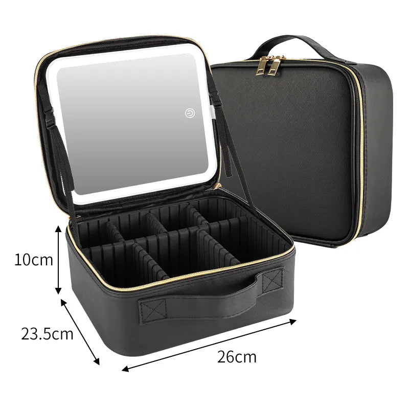 Professional portable leather makeup train case with LED mirror for organized makeup storage and travel