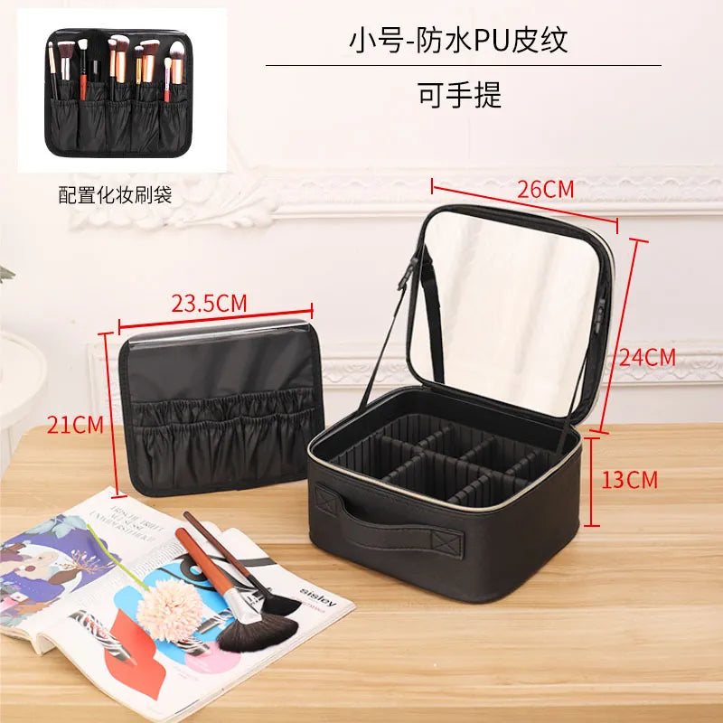Professional portable leather makeup train case with spacious compartments for cosmetics, brushes, skincare products, and beauty accessories