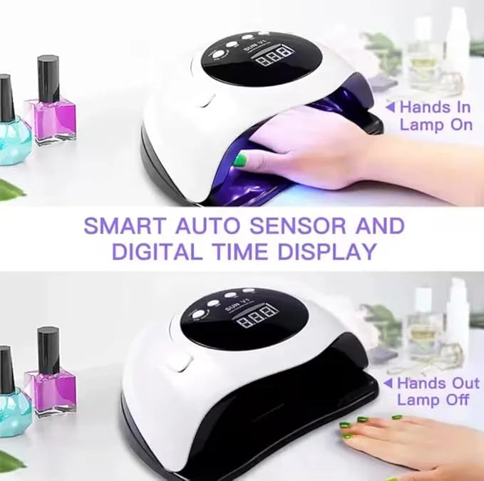 Professional UV LED nail lamp dryer featuring an ergonomic design and spacious curing area for manicures and pedicures