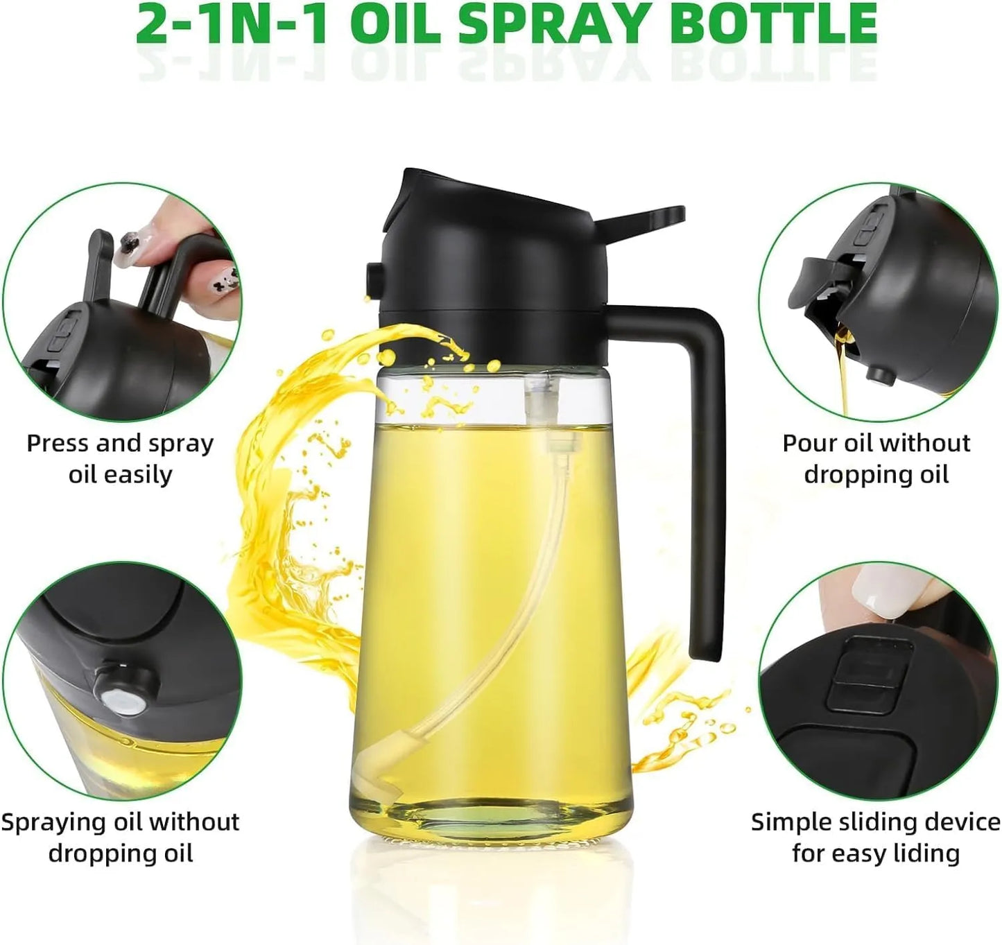 Racklik 2-in-1 glass oil dispenser sprayer featuring dual spray and pour functionality for convenient meal preparation