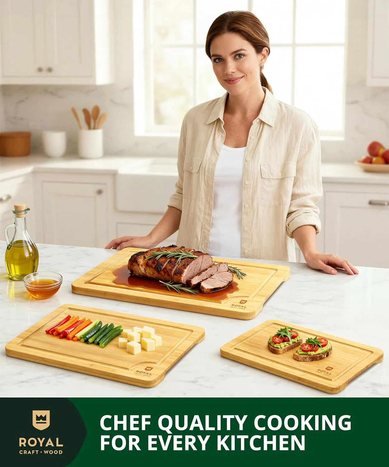 Royal Craft Wood bamboo cutting board 3-piece set with a smooth, knife-friendly surface and natural bamboo finish