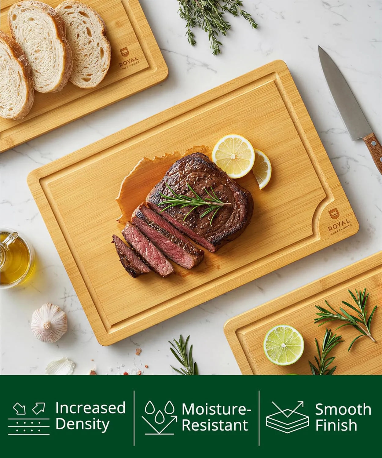 Royal Craft Wood bamboo cutting board 3-piece set ideal for cutting vegetables, fruits, meat, bread, and cheese
