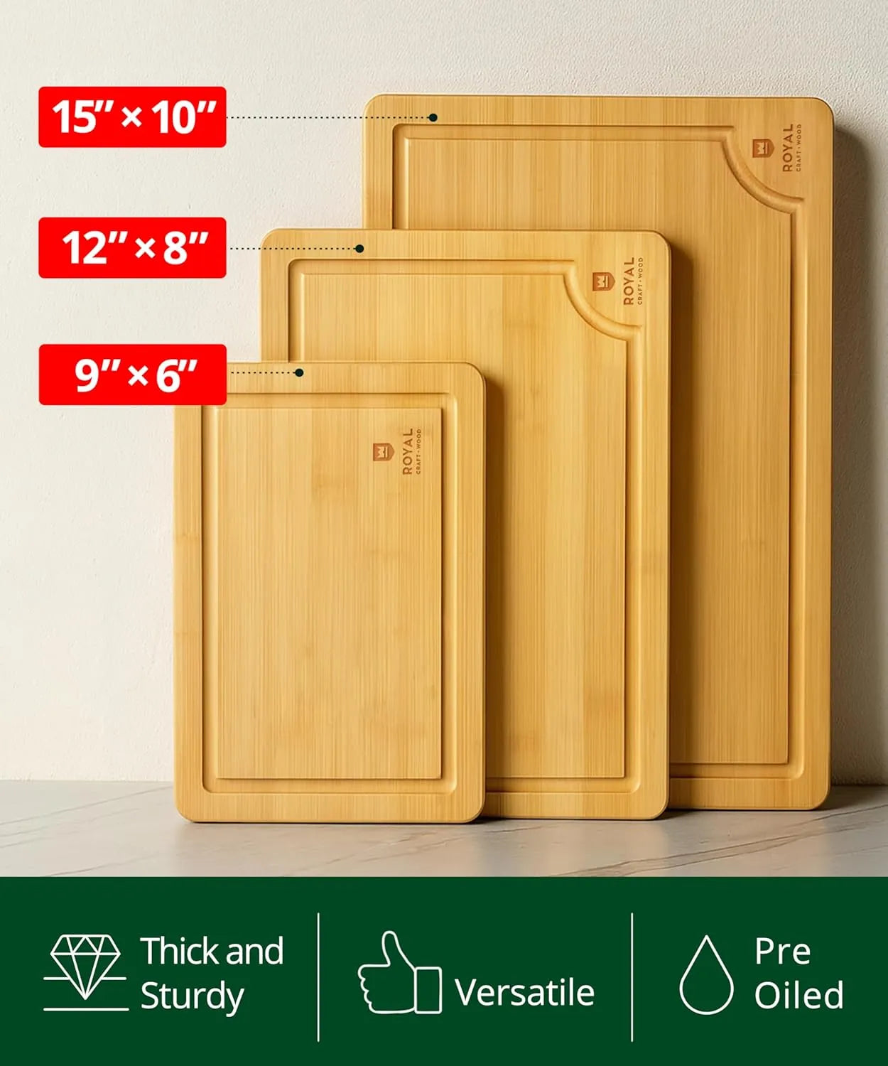 Royal Craft Wood bamboo cutting board 3-piece set providing durable, hygienic, and space-saving food preparation for home kitchens