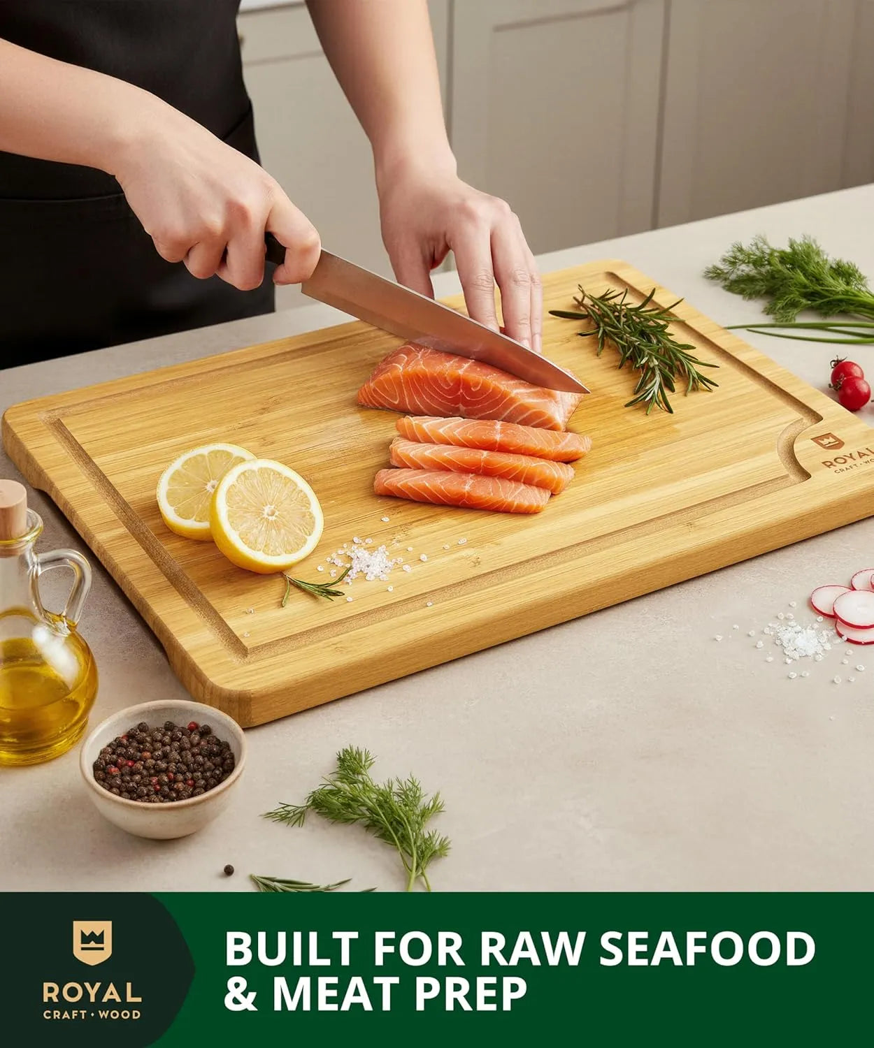 Royal Craft Wood bamboo cutting board 3-piece set featuring multiple board sizes for chopping, slicing, and serving