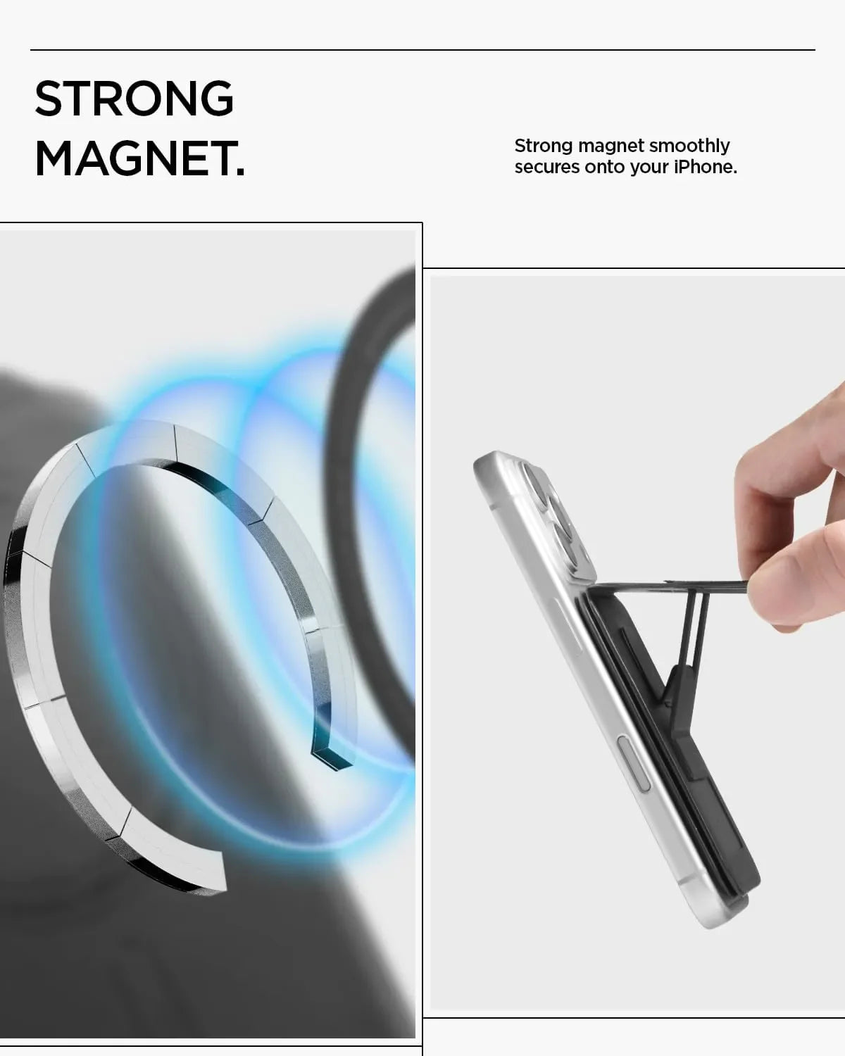 Spigen Pixelsnap magnetic wallet featuring a strong MagSafe magnetic attachment for compatible smartphones