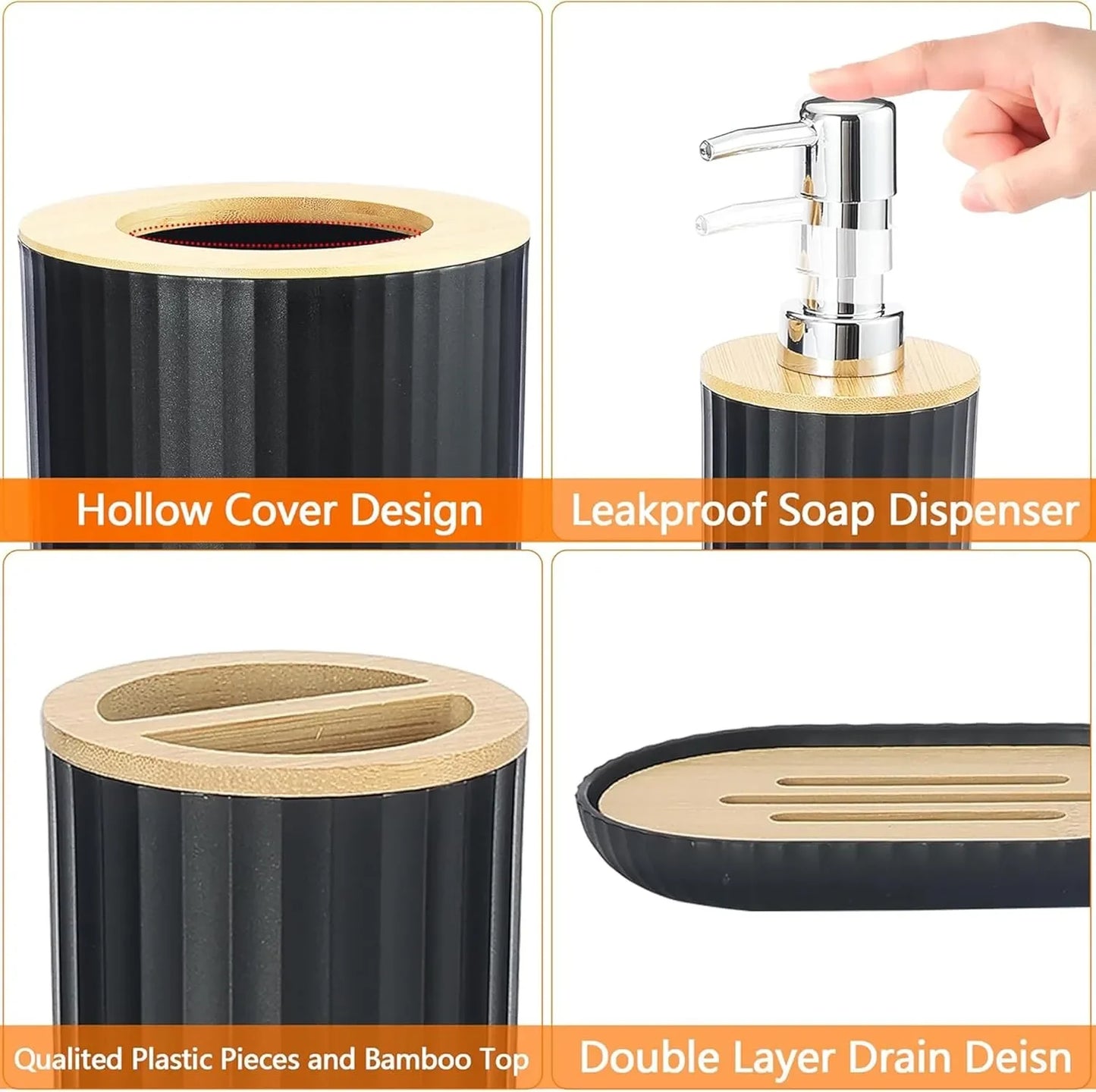 Vantoria 6-piece black bathroom accessories set with natural bamboo accents for a modern and elegant bathroom style