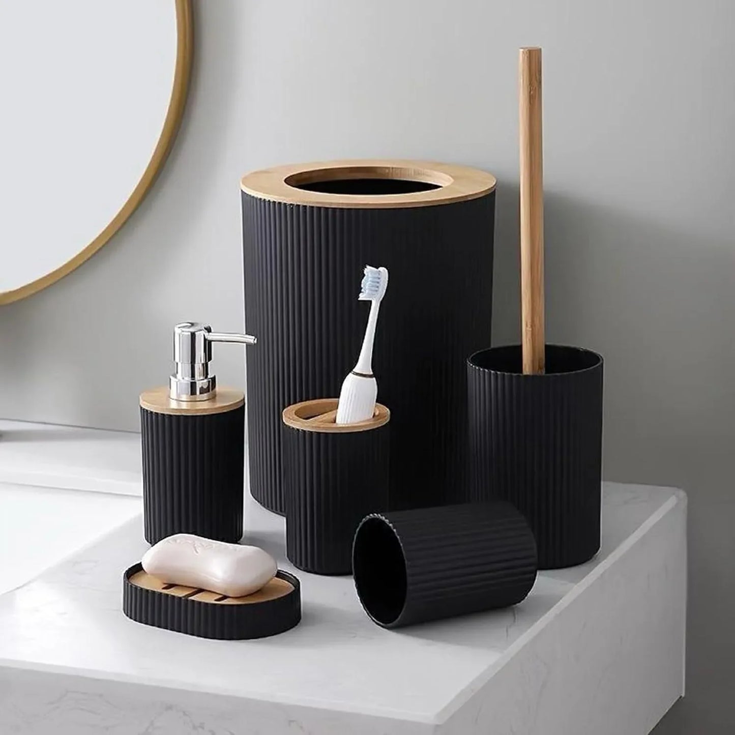 Vantoria 6-piece black bathroom accessories set with modern organizer pieces and elegant bamboo accents