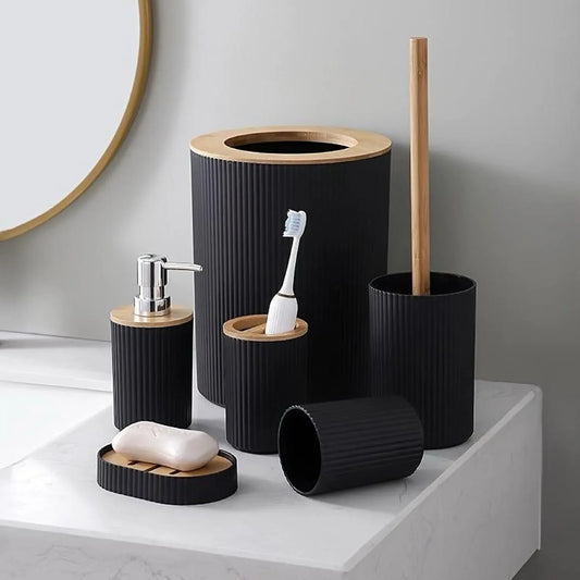 Vantoria 6-piece black bathroom accessories set with modern organizer pieces and elegant bamboo accents