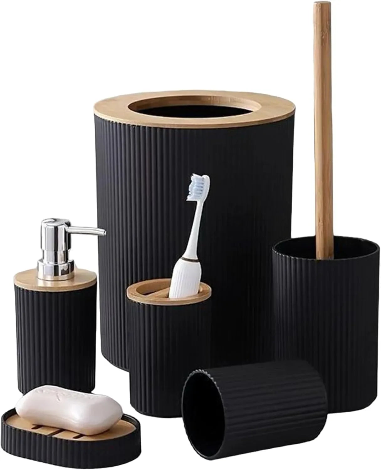 Vantoria 6-piece black bathroom accessories set featuring a sleek design to enhance bathroom organization and decor