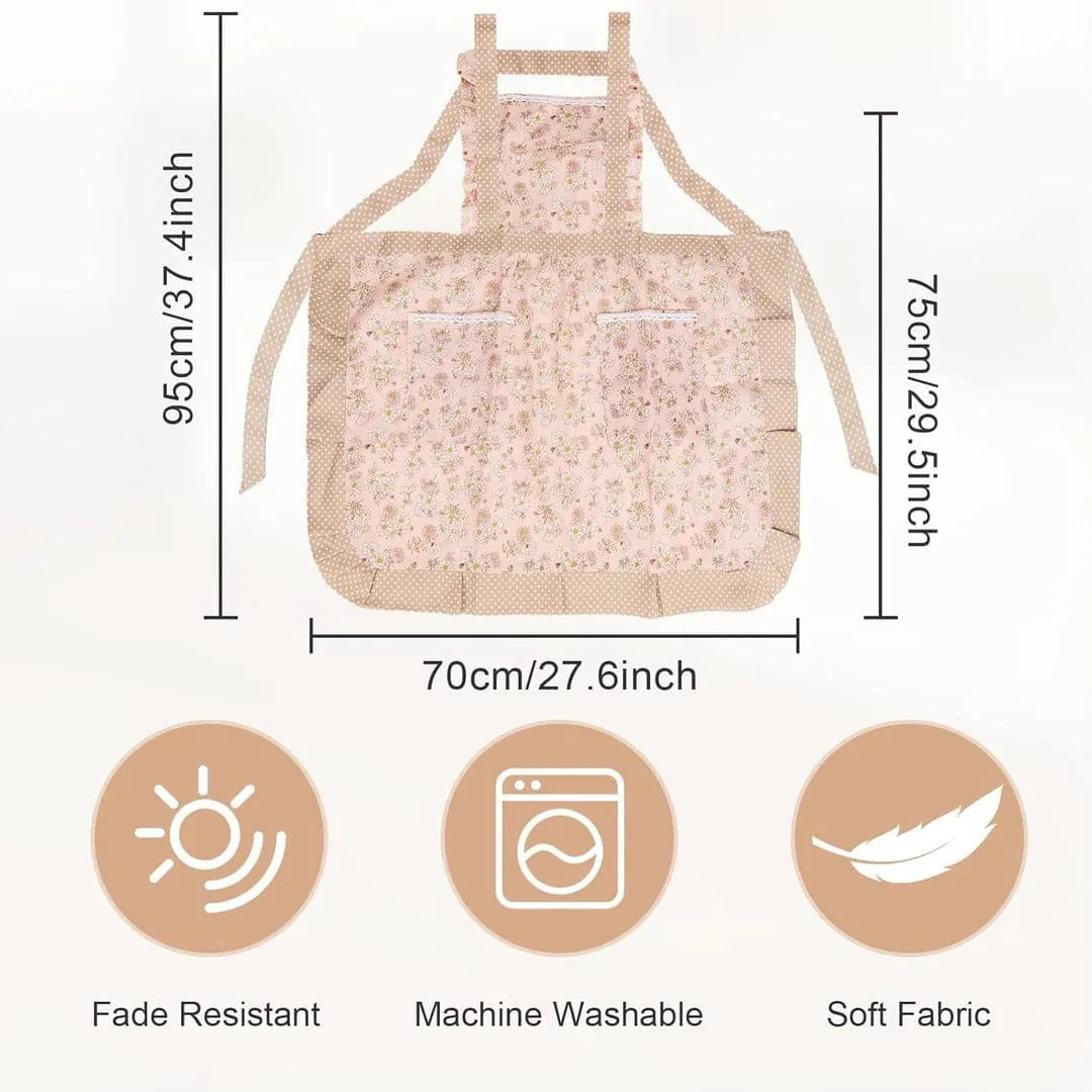 Vintage floral ruffled kitchen apron designed for baking, cooking, grilling, and everyday kitchen activities