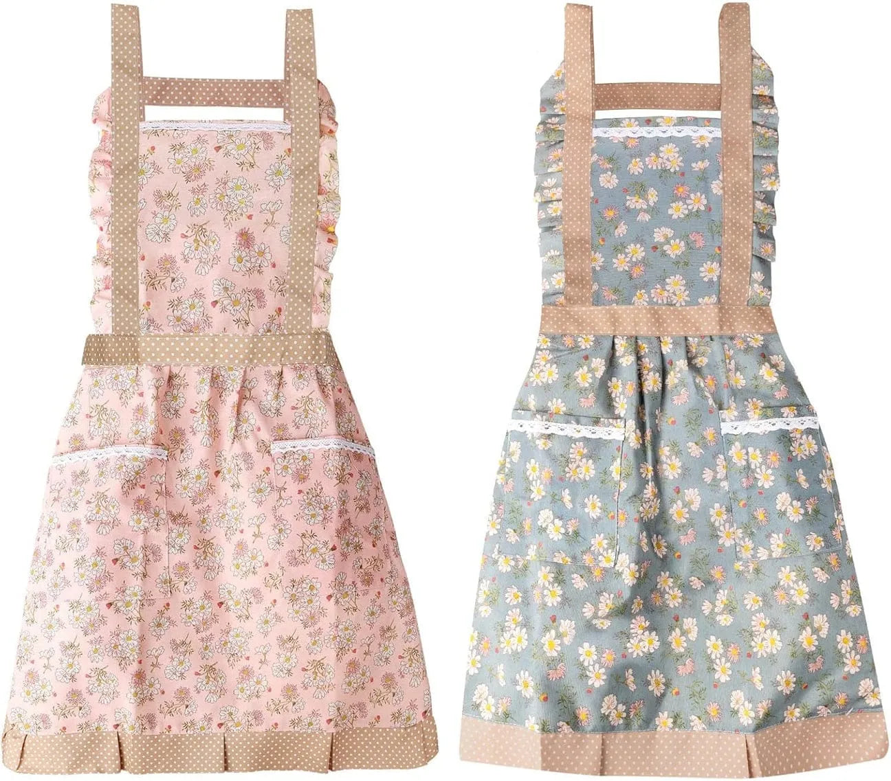 Vintage floral ruffled kitchen apron with elegant floral patterns and front pockets for everyday cooking