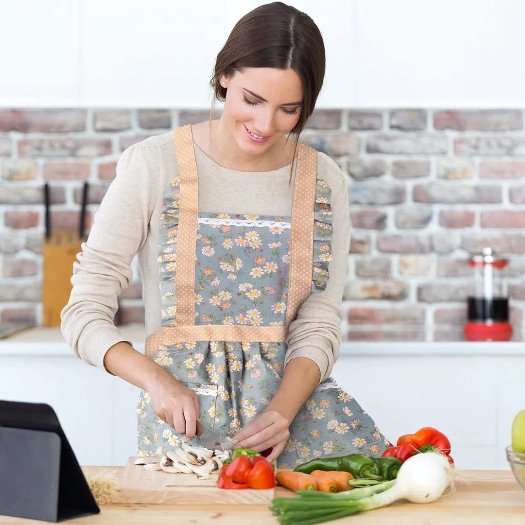 Vintage floral ruffled kitchen apron featuring stylish ruffle details for a classic and elegant look