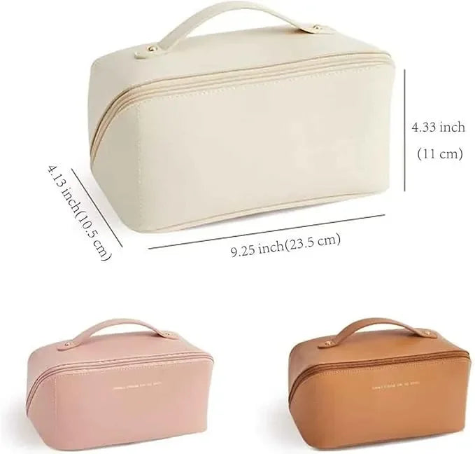 WBooo large travel cosmetic bag featuring multiple compartments for neatly storing cosmetics, brushes, and toiletries