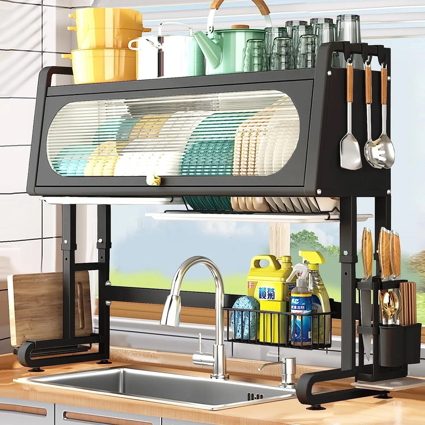 Xaosu over-the-sink dish drying rack featuring a dust-proof cabinet to keep dishes clean and protected