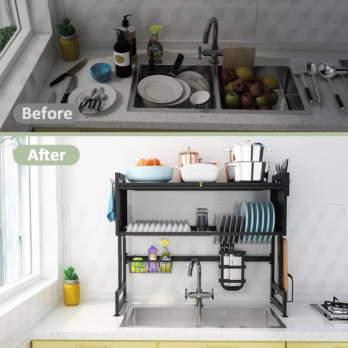 Xaosu over-the-sink dish drying rack made from durable, rust-resistant stainless steel for long-lasting everyday kitchen use