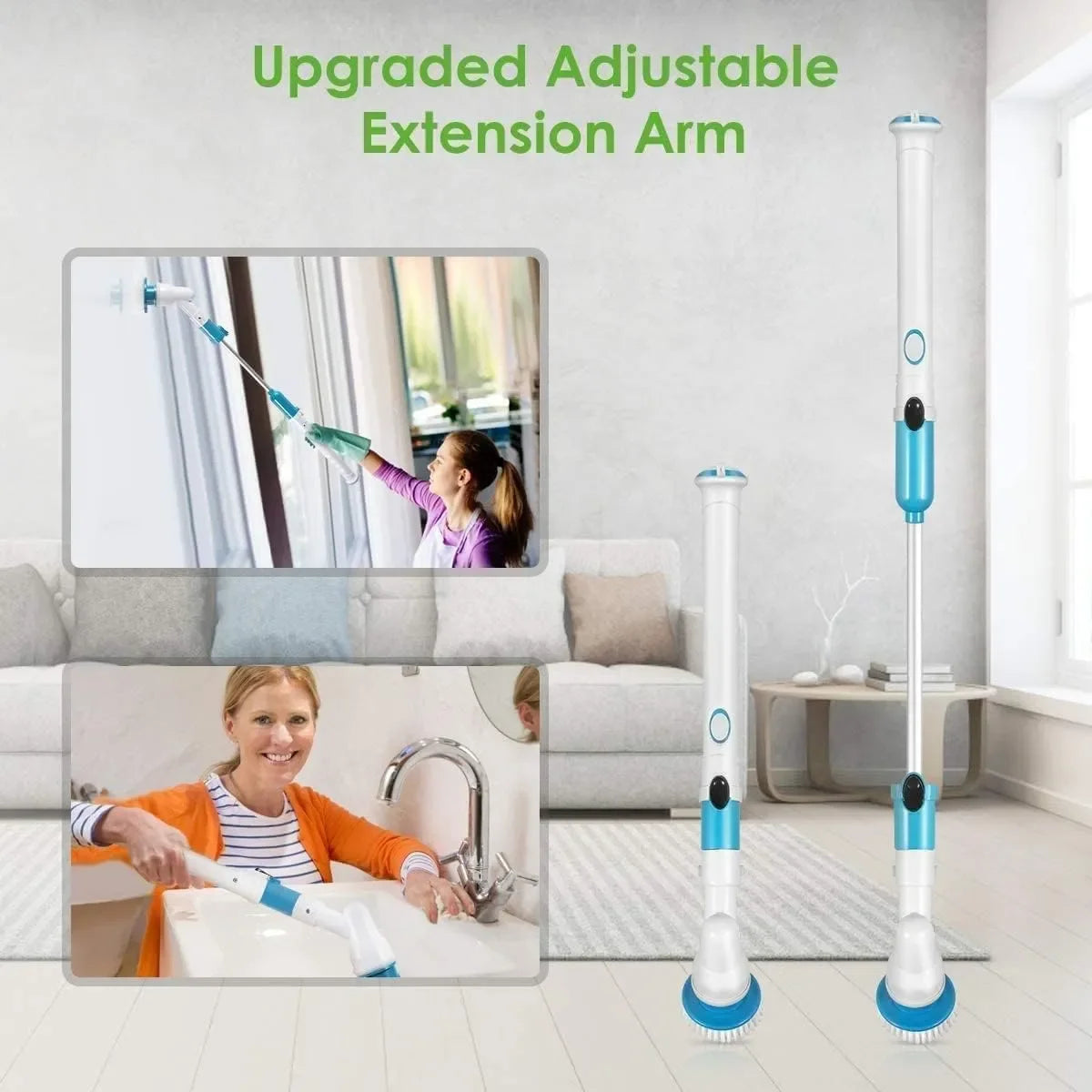 Yu-Well electric spin scrubber featuring 3 replaceable cleaning heads for bathrooms, floors, tiles, and surfaces