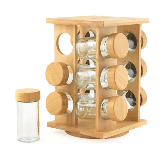 Zomo bamboo rotating spice rack with 12 glass jars for organized kitchen seasoning storage