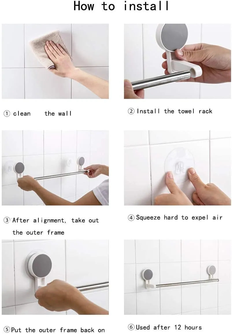 Zomo no-drill double towel bar 19 inch with integrated hooks for hanging towels, robes, loofahs, and bathroom accessories