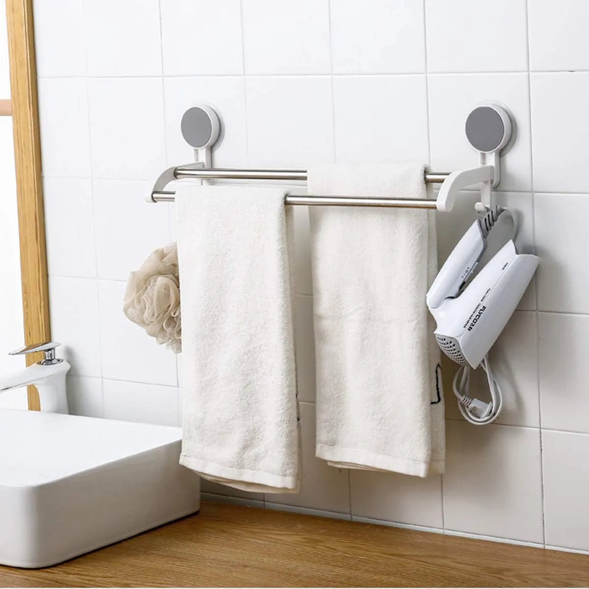 Zomo no-drill double towel bar 19 inch featuring strong adhesive installation without drilling or wall damage