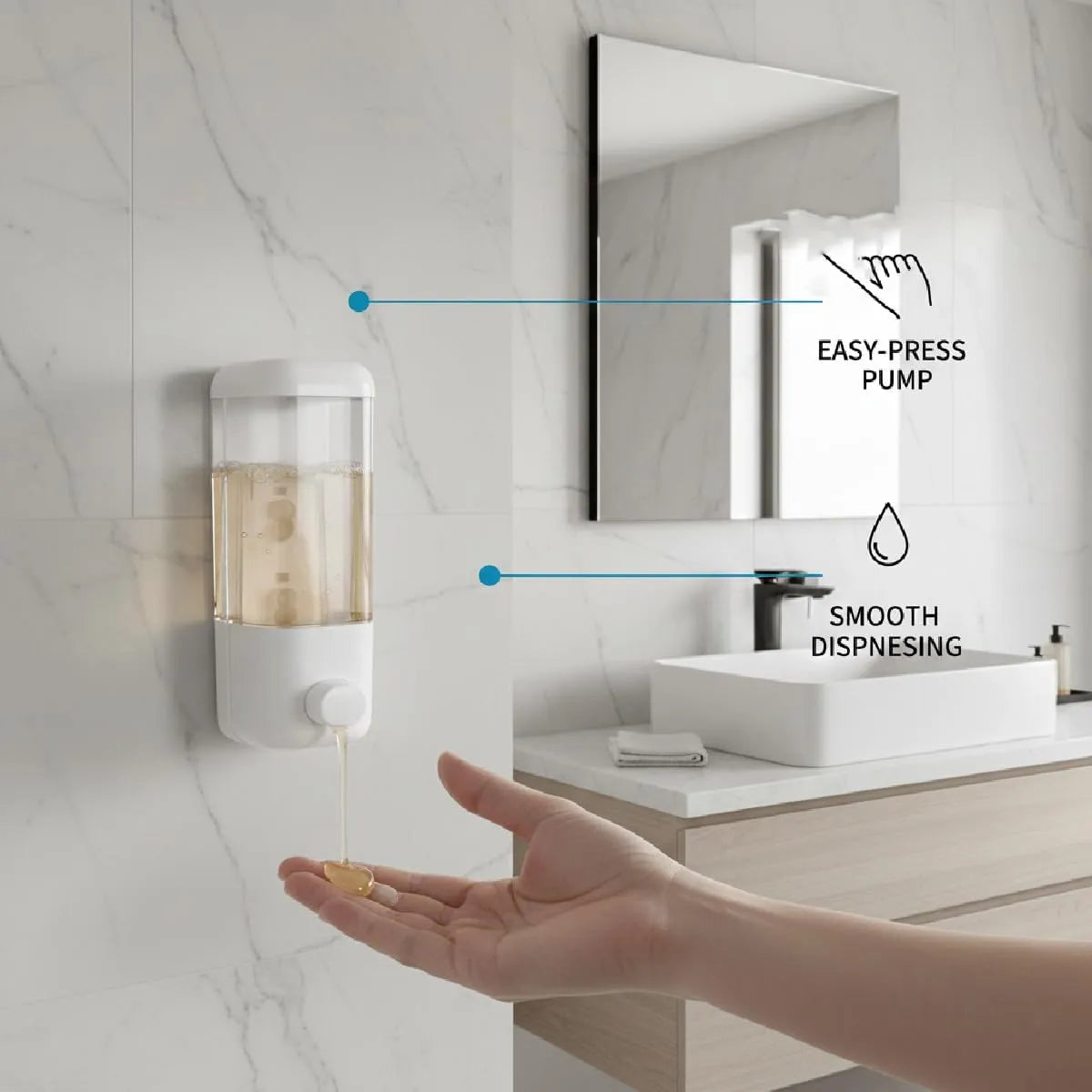 Zomo wall-mounted refillable soap dispenser featuring a sleek, space-saving design with easy wall installation